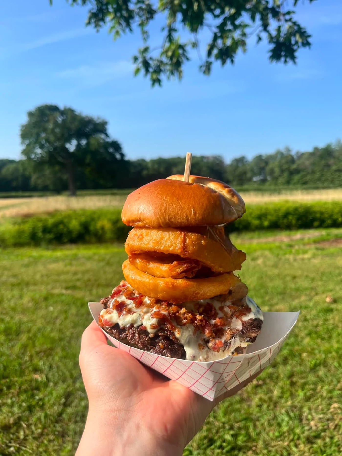 Double smash burger stacked with onion rings